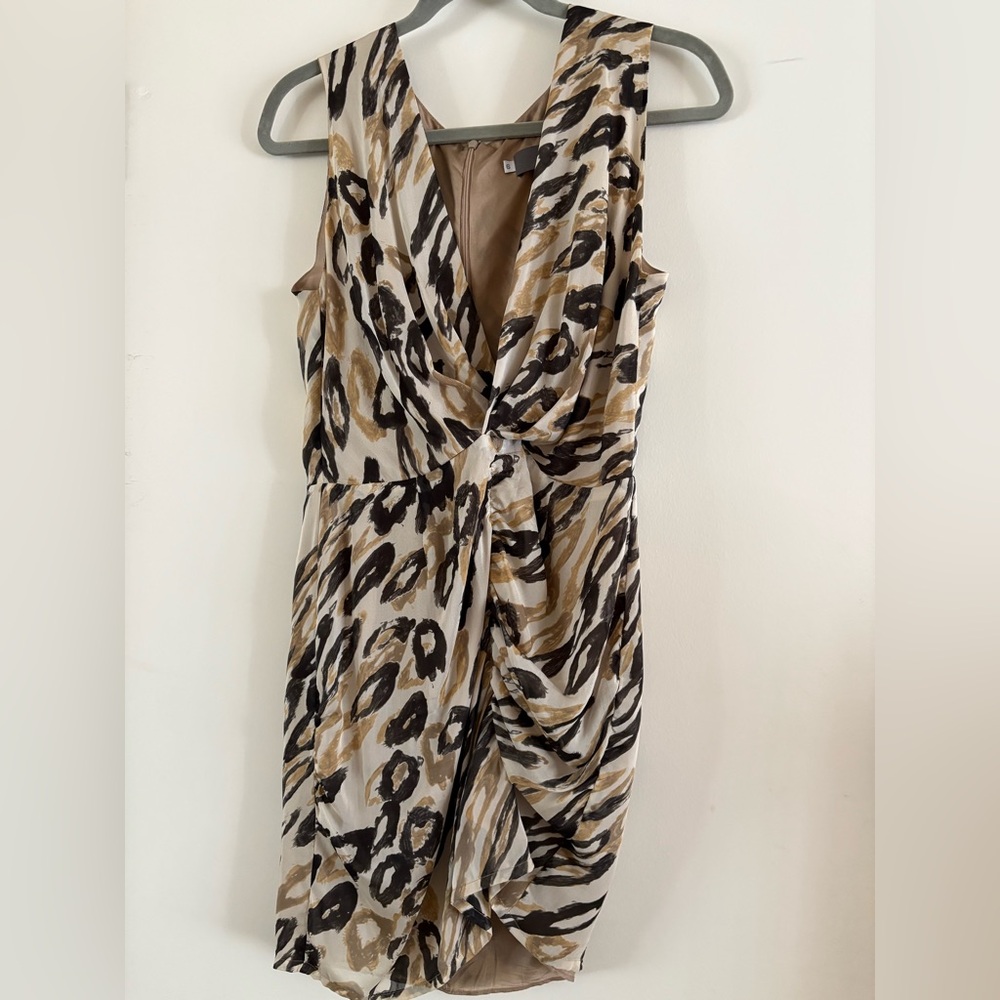 MYNE 100% Silk Dress Size 6 Ashley Ann Side Ruched Wrap Mini Dress Zebra Tiger